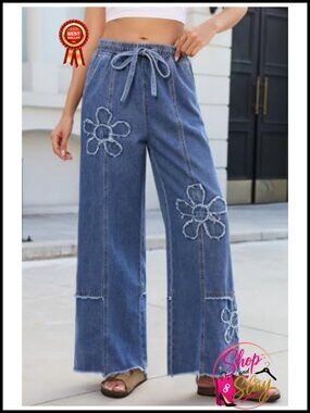 Women Boho Embroidered Wide Leg Baggy Jeans Drawstring High Rise Frayed